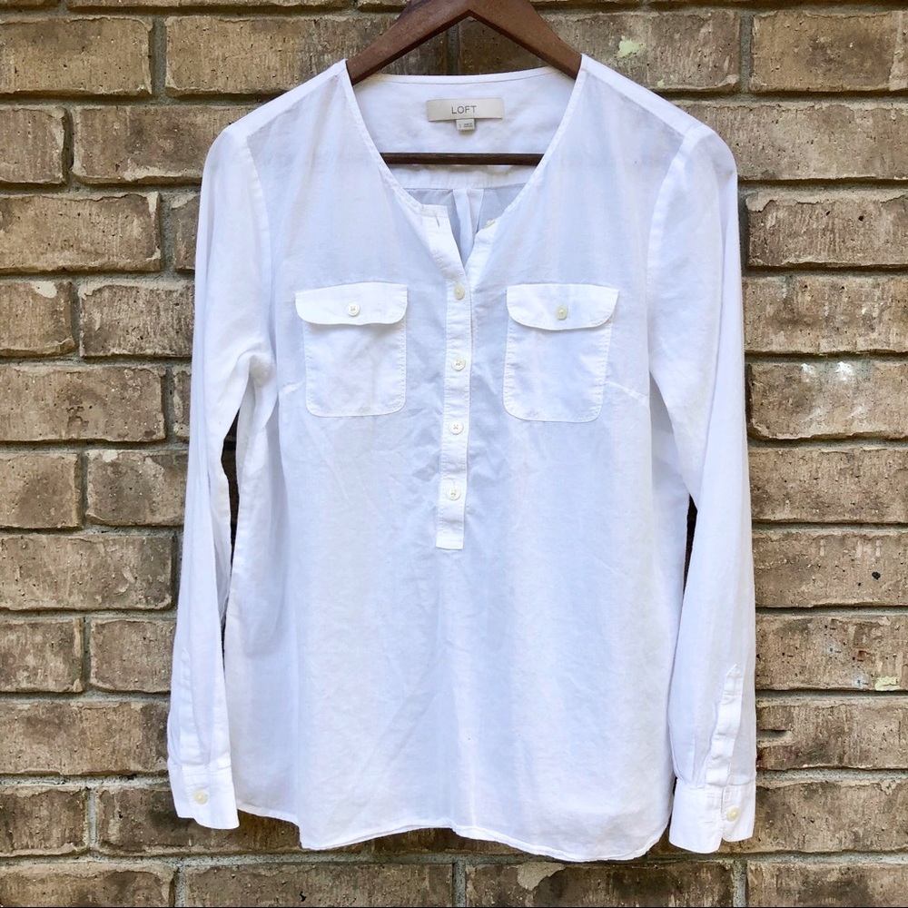 LOFT: white half button up long sleeve top